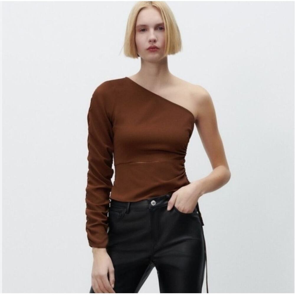 ZARA Asymmetrical Sleeve Cutout Top Womens XS Brown Cropped